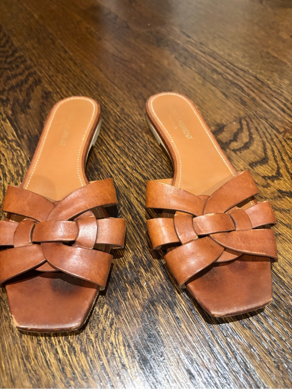 Yves Saint Laurent Tan Leather Braided Slide Mules